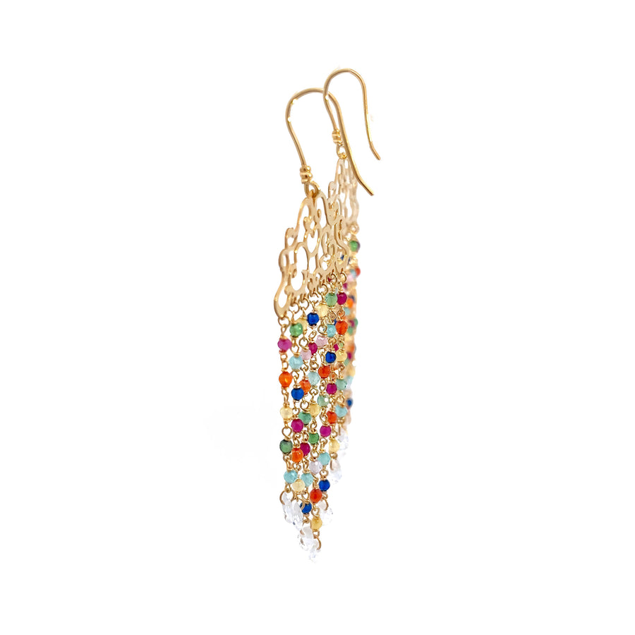 Side view of 14k gold labradorite drop earrings with colorful reflections