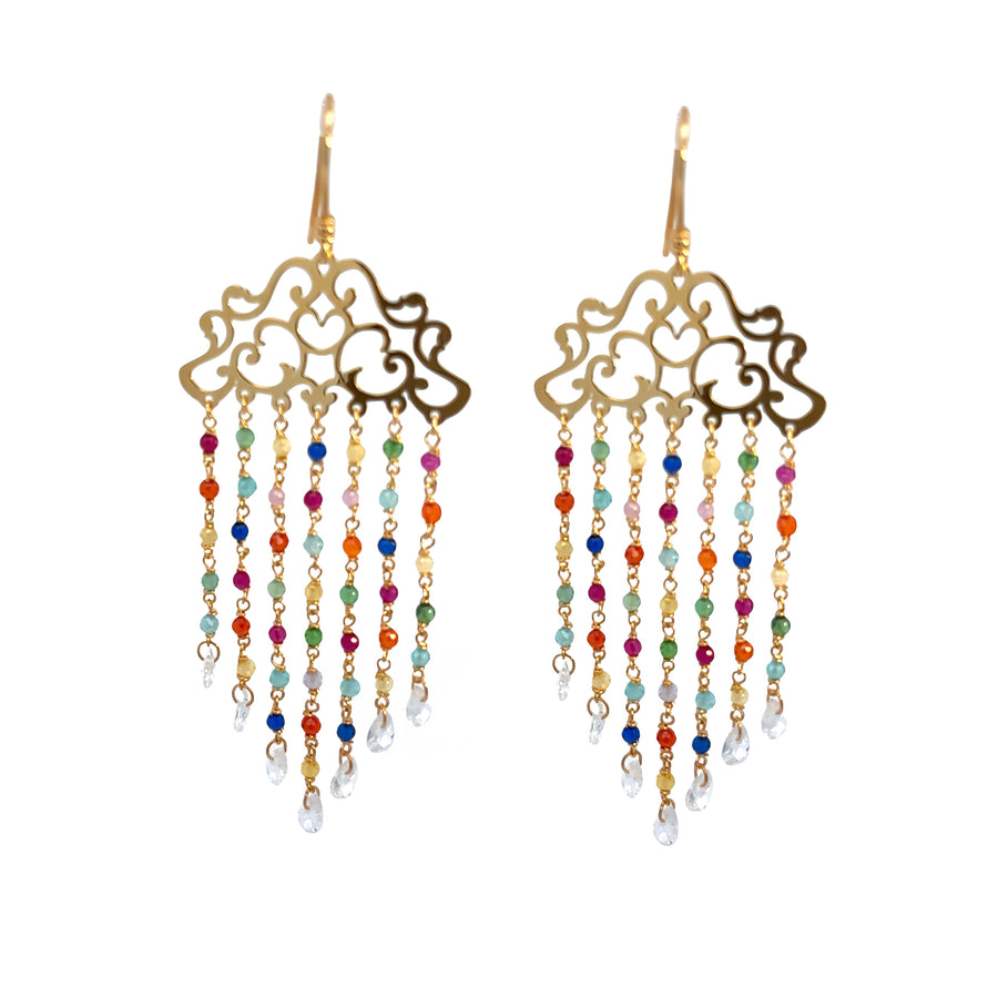 14k gold drop earrings with labradorite stones and multi-color accents