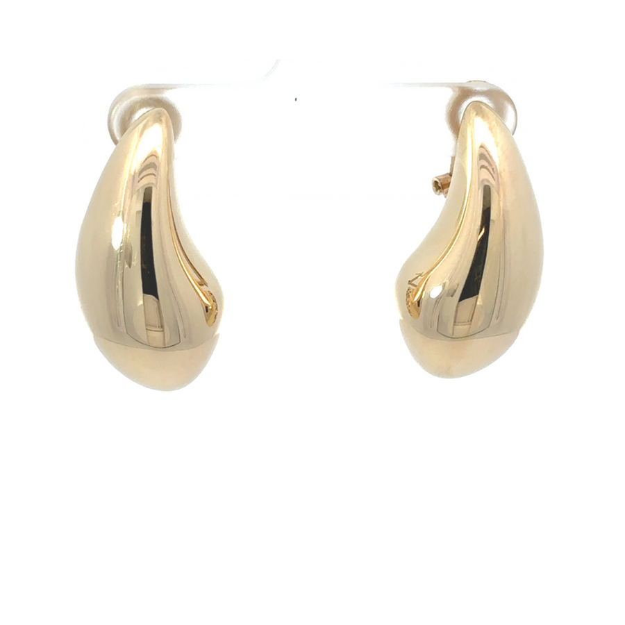 Close-up shot of the 14k gold large drop earrings, highlighting their sleek and elegant design.
