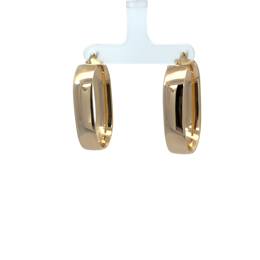 Pair of large 14k gold earrings displayed on a white background