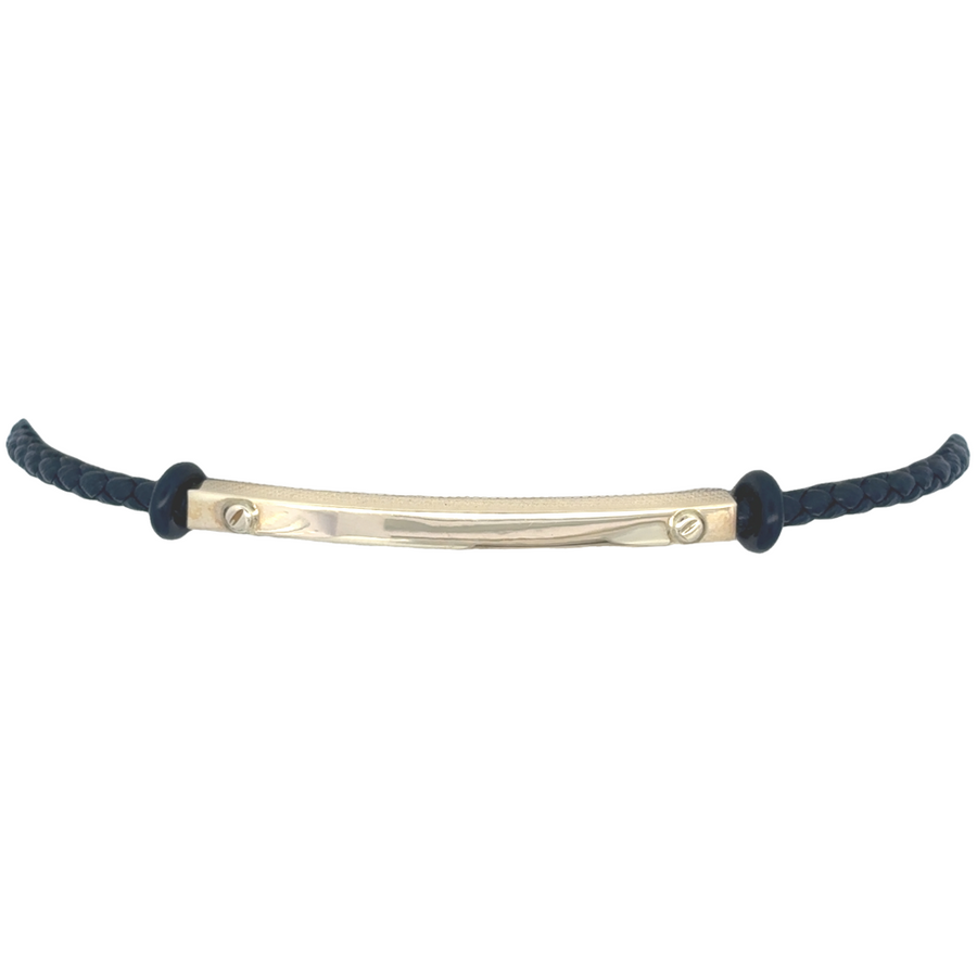 Side view of gold and leather men's bracelet with sleek design and comfortable fit