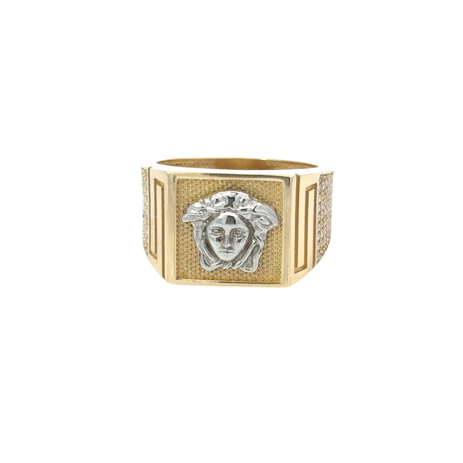 14k gold men’s ring displayed on white background