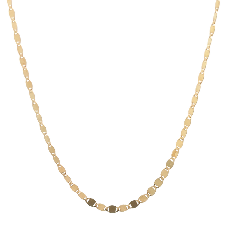 Close-up of 14k gold mirror-link chain on white background showing polished links