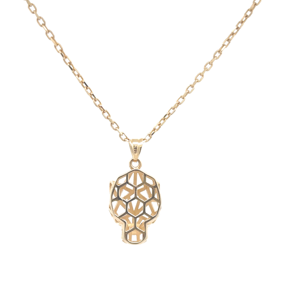 14k gold necklace on a flat-lay background, showing the adjustability of the length