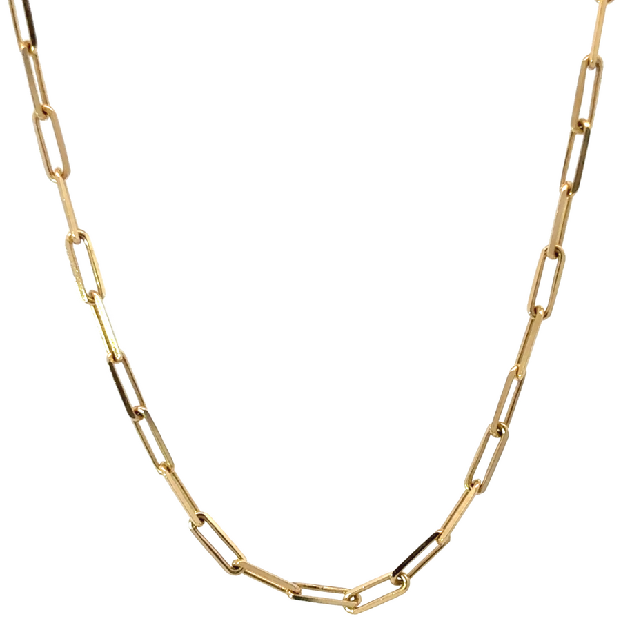14k gold necklace with polished finish displayed on neutral fabric