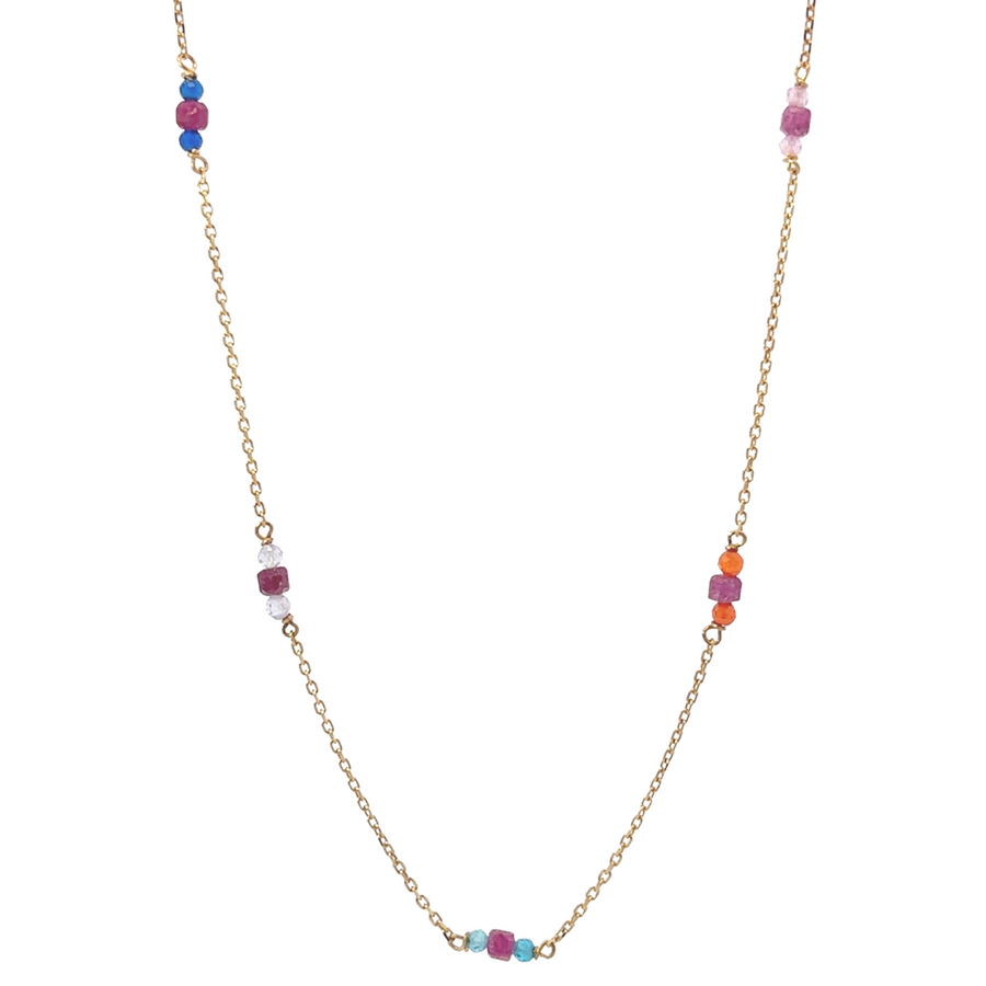 14k gold necklace with 15 XXS balls and stones on white background