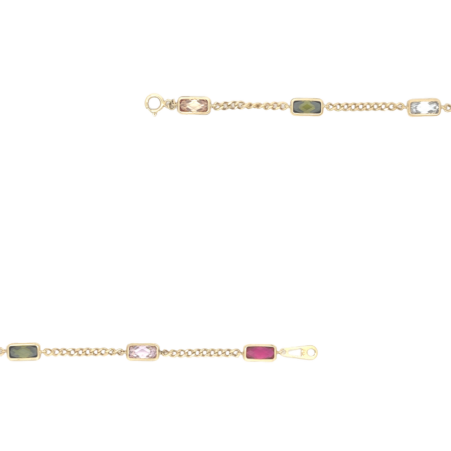 Flat-lay image of the 14k gold necklace with multi-stones, focusing on the brilliant sparkle and intricate design.