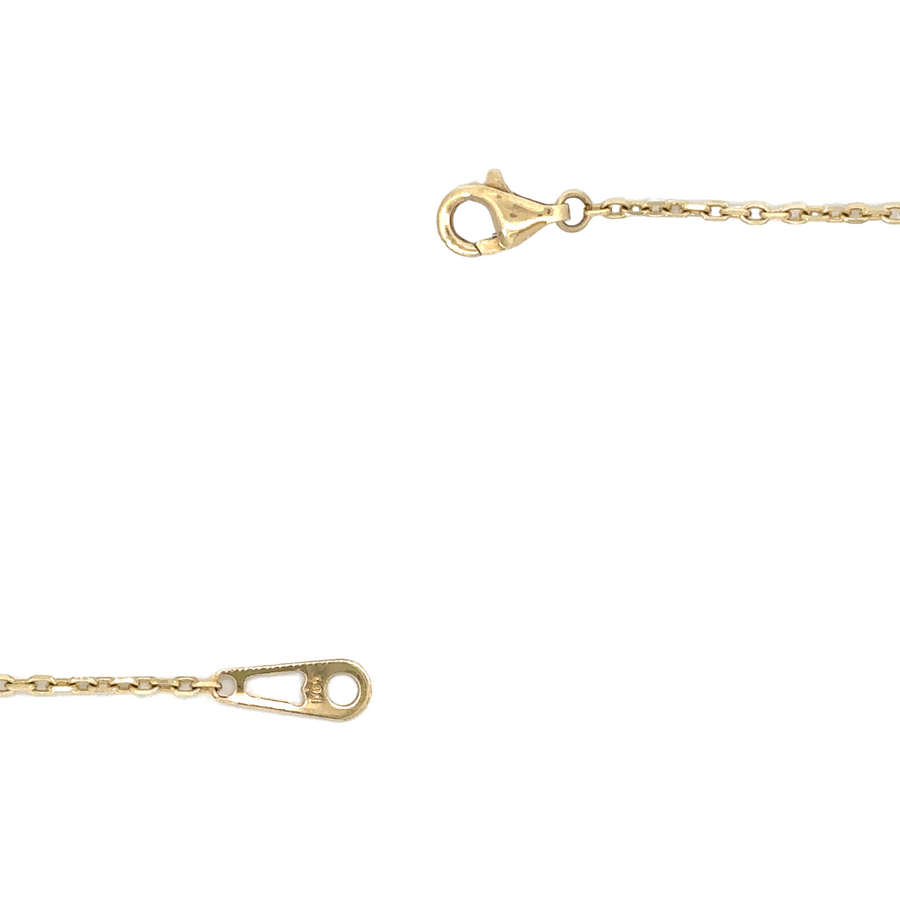 Full view of 27.5-inch gold necklace with black accents hanging elegantly