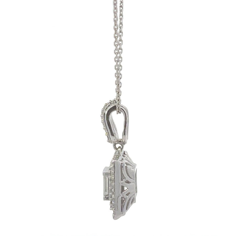 Side view of 14k gold necklace highlighting pendant detail
