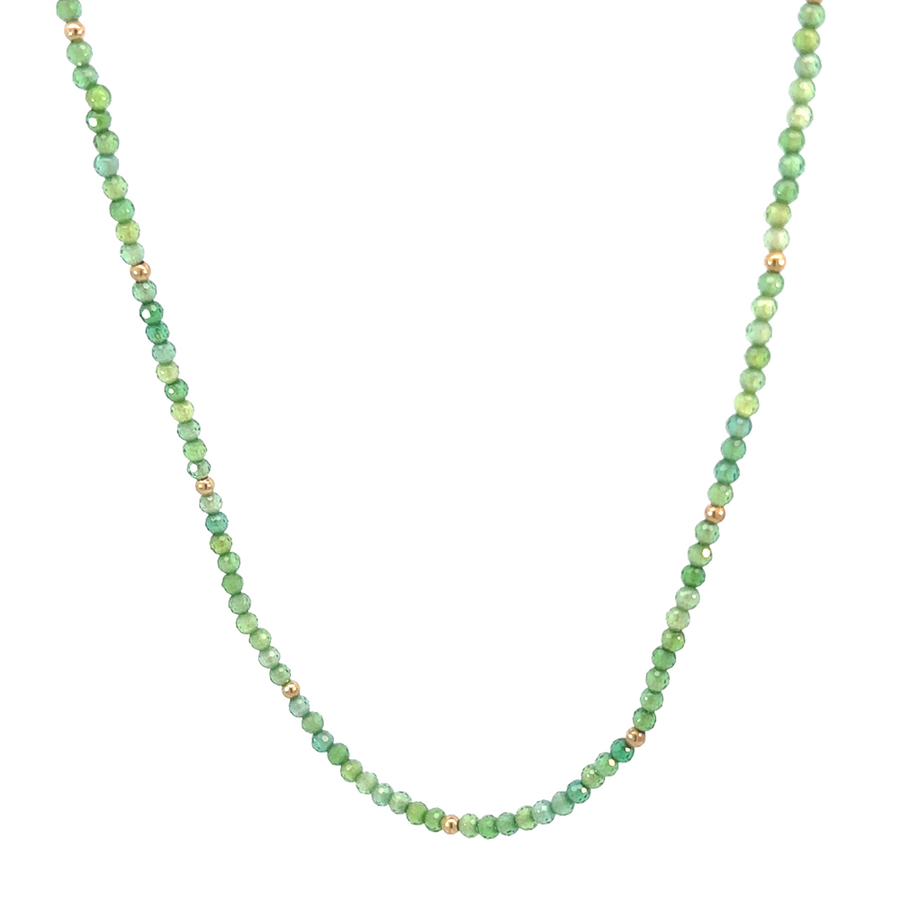 14k gold necklace with green corundum stone centerpiece