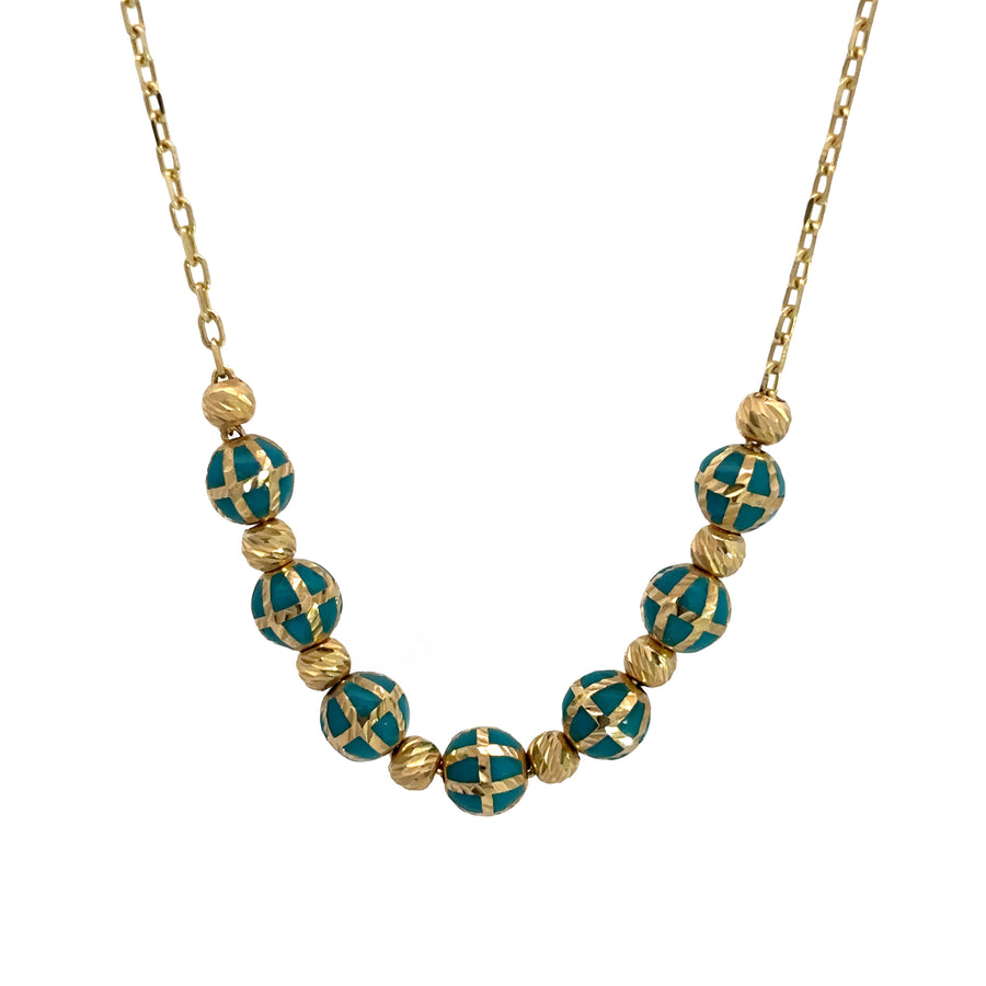 Adjustable gold necklace featuring green and glitter beads