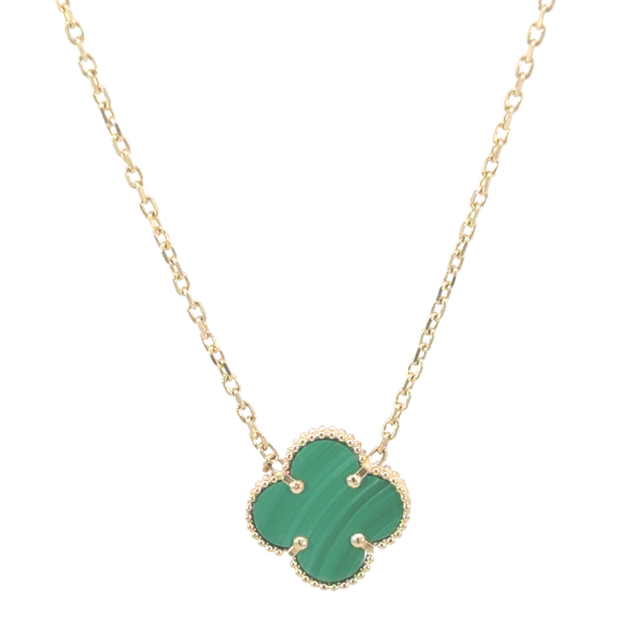 14k gold necklace with green pendant displayed on white background