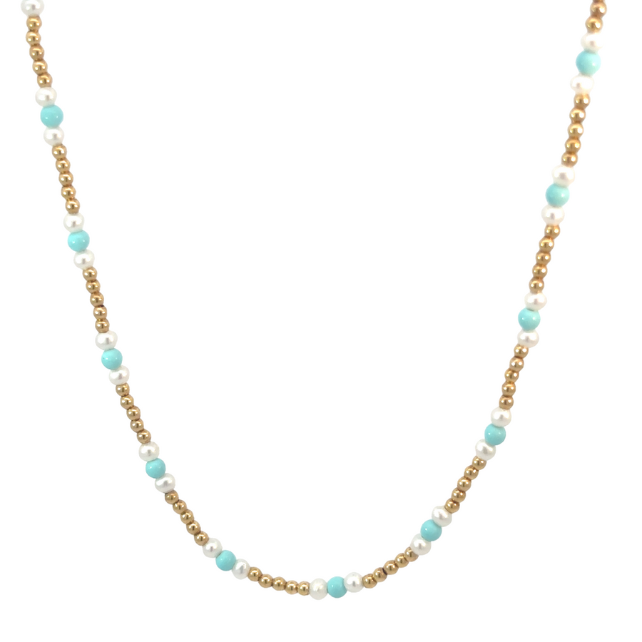14k gold necklace with pearl and turquoise