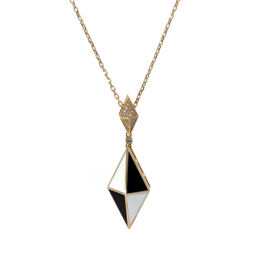 14k gold necklace with black and white rhombus pendant