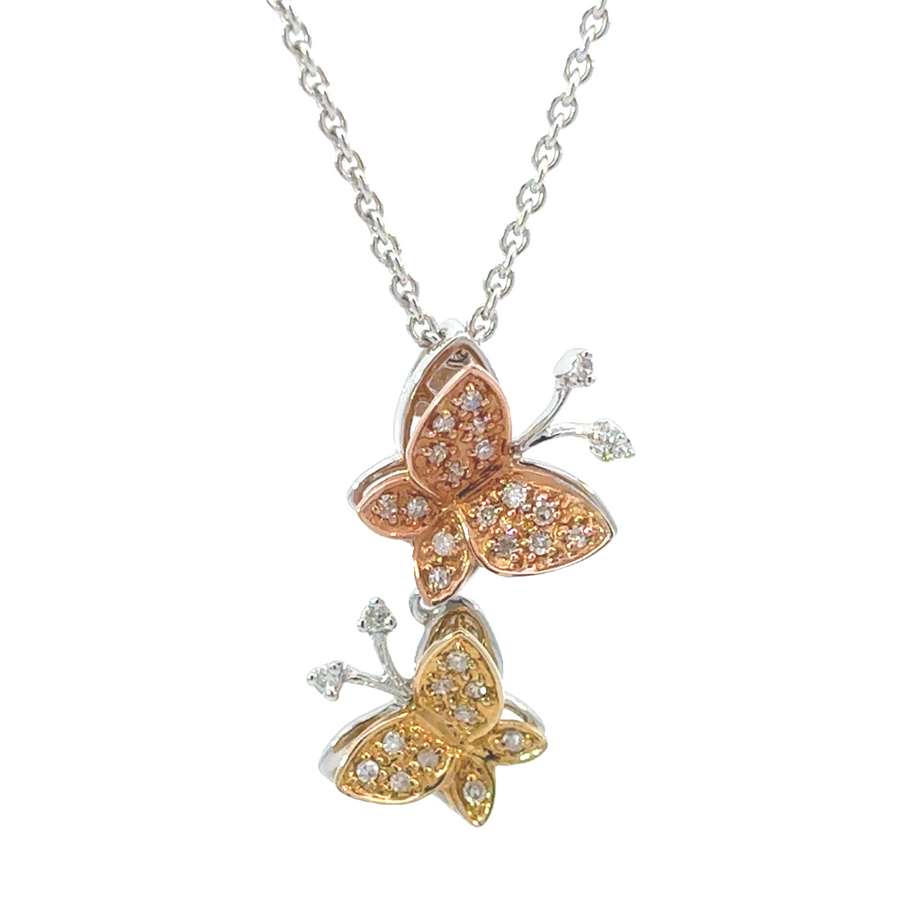 14k gold necklace with two butterfly pendant – front view