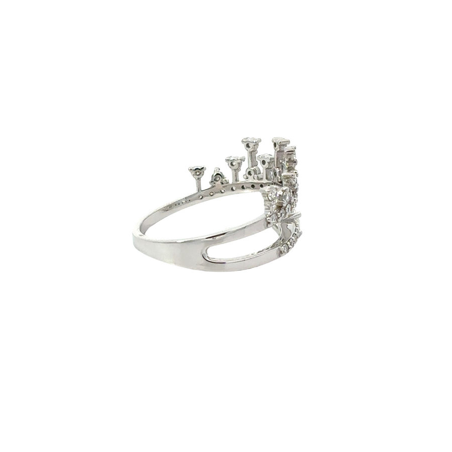 Close-up of diamonds on gold open crown ring