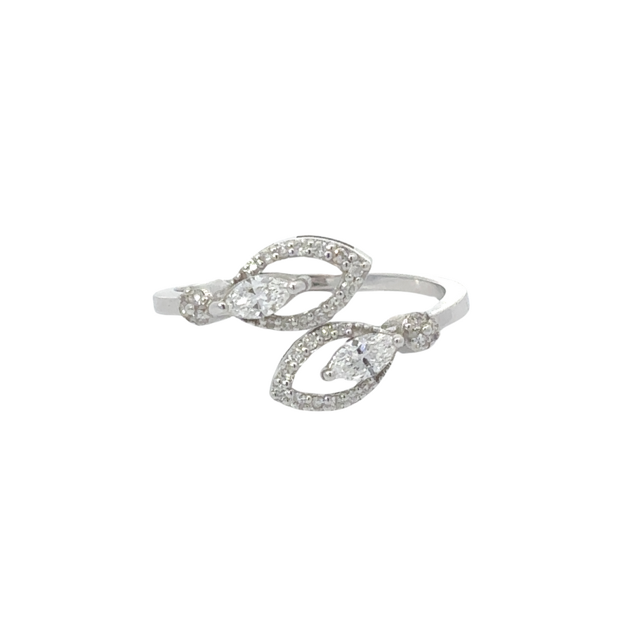 14k gold open oval ring with double diamond accents