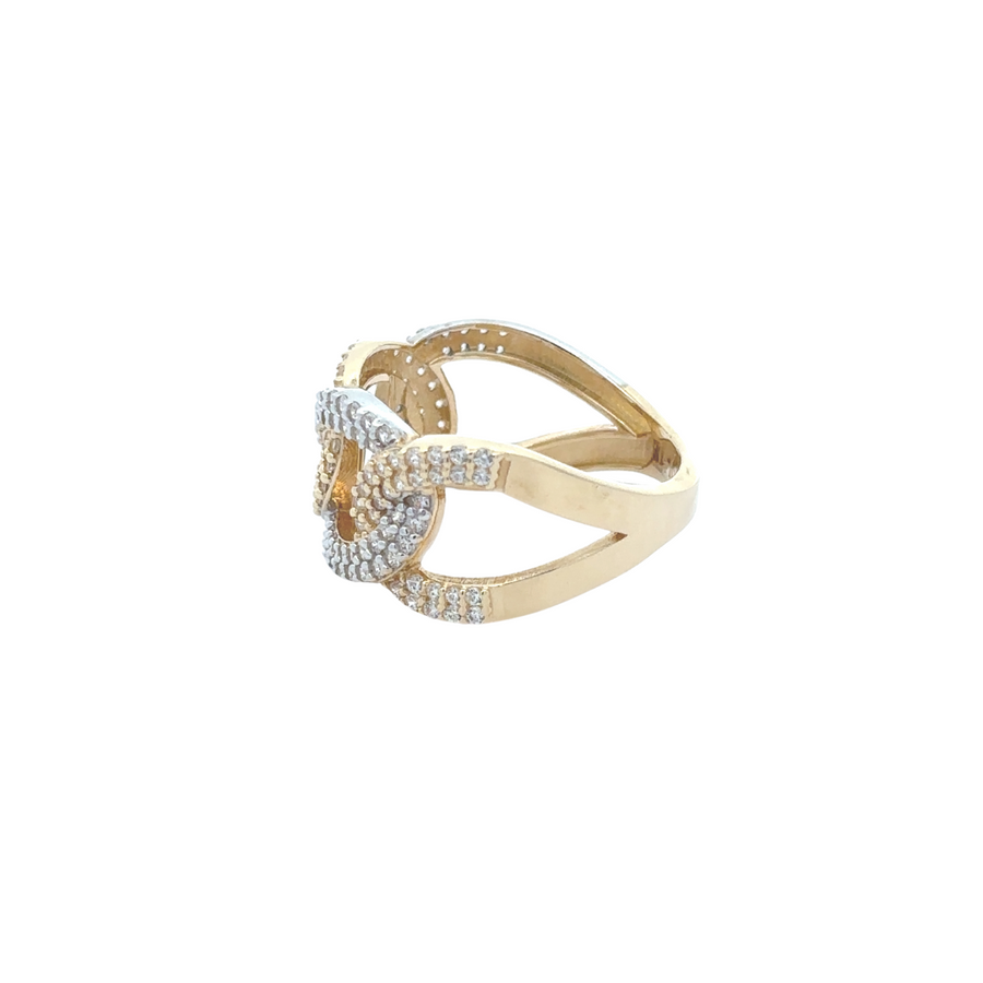 Close-up of oval CZ stone on 14k gold ring size 7