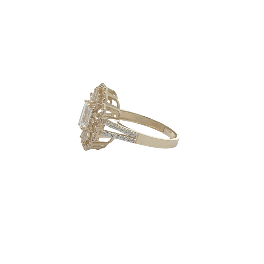 Close-up of large oval CZ stone on 14k gold ring


