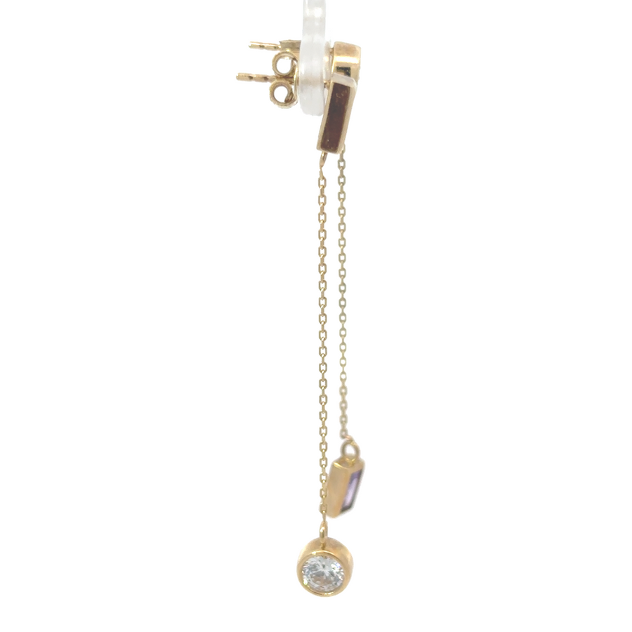 Stunning 14k Gold Earrings with rectangular violet CZ stones