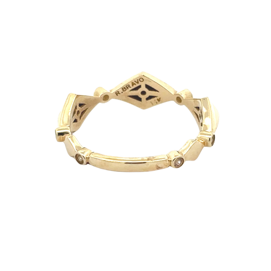14k gold rhombus-patterned ring with sparkling CZ stones, designed for modern elegance