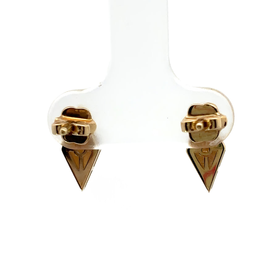 Pair of modern 14k gold rhombus earrings on a white background