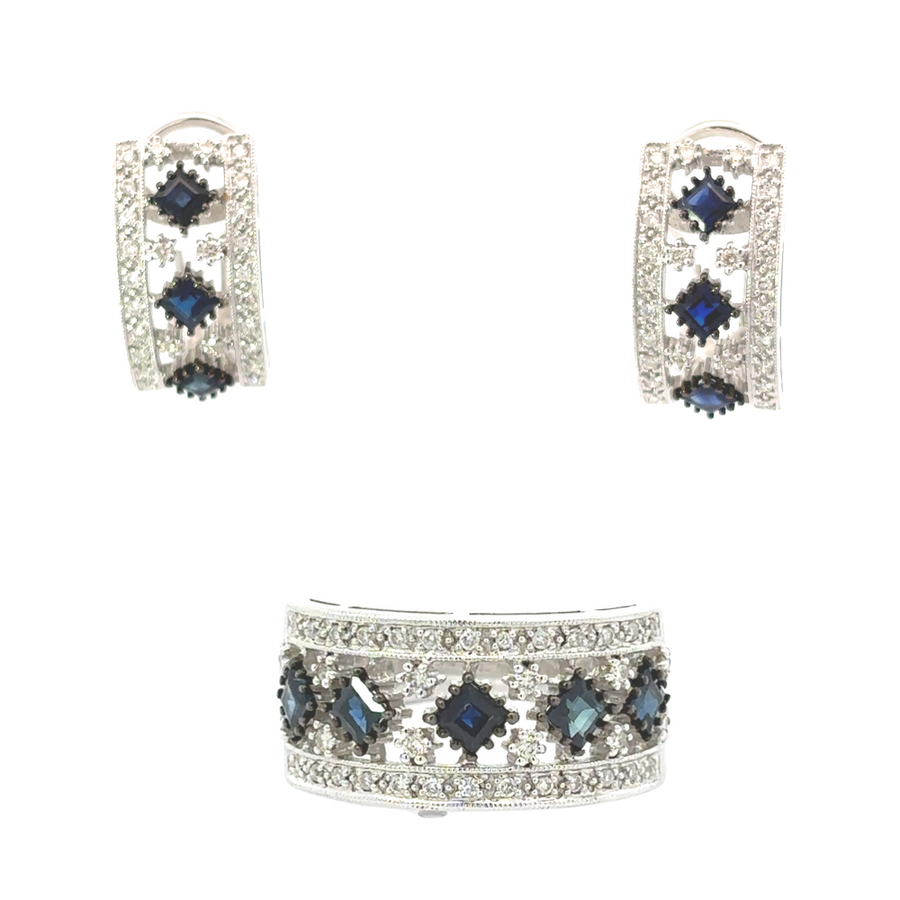 14k gold ring and earrings set with diamonds and sapphires