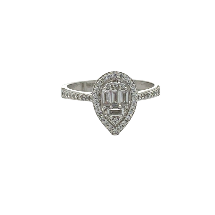 14k gold ring with center cubic zirconia and CZ drop accent