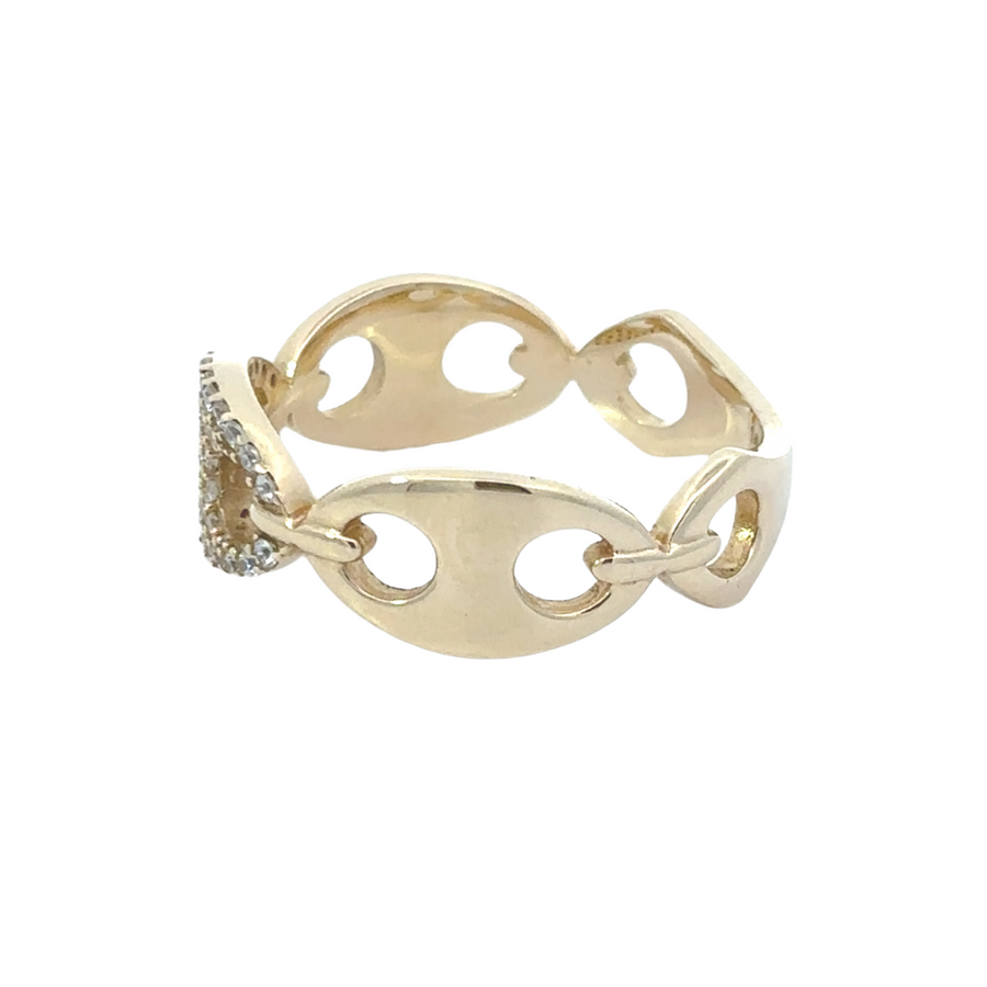 Side angle of women’s 14k gold ring showing elegant link structure