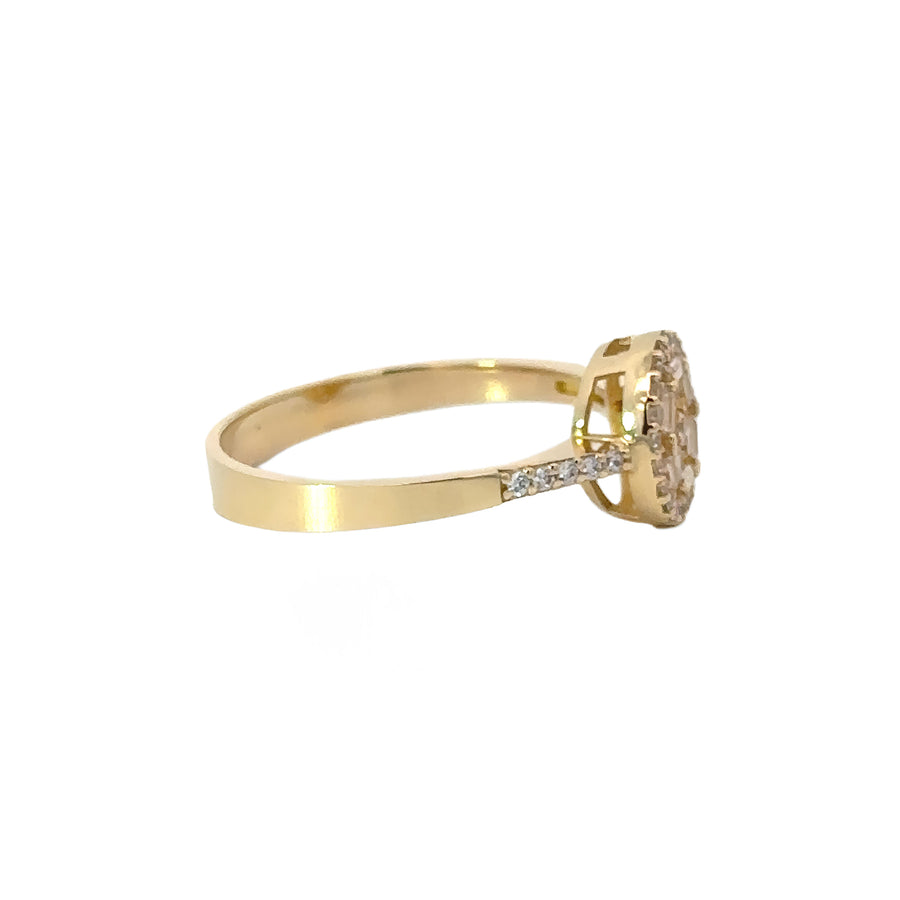 Woman wearing 14k gold ring with dazzling CZ center circle