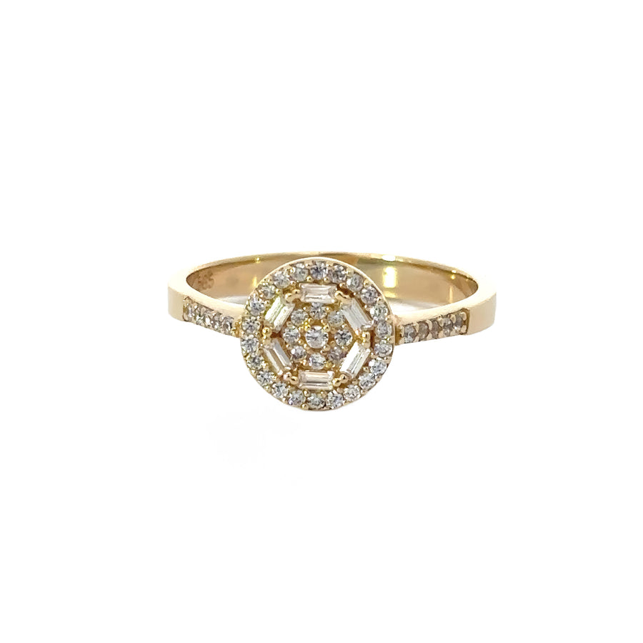 Close-up of 14k gold ring with center circle cubic zirconia stones