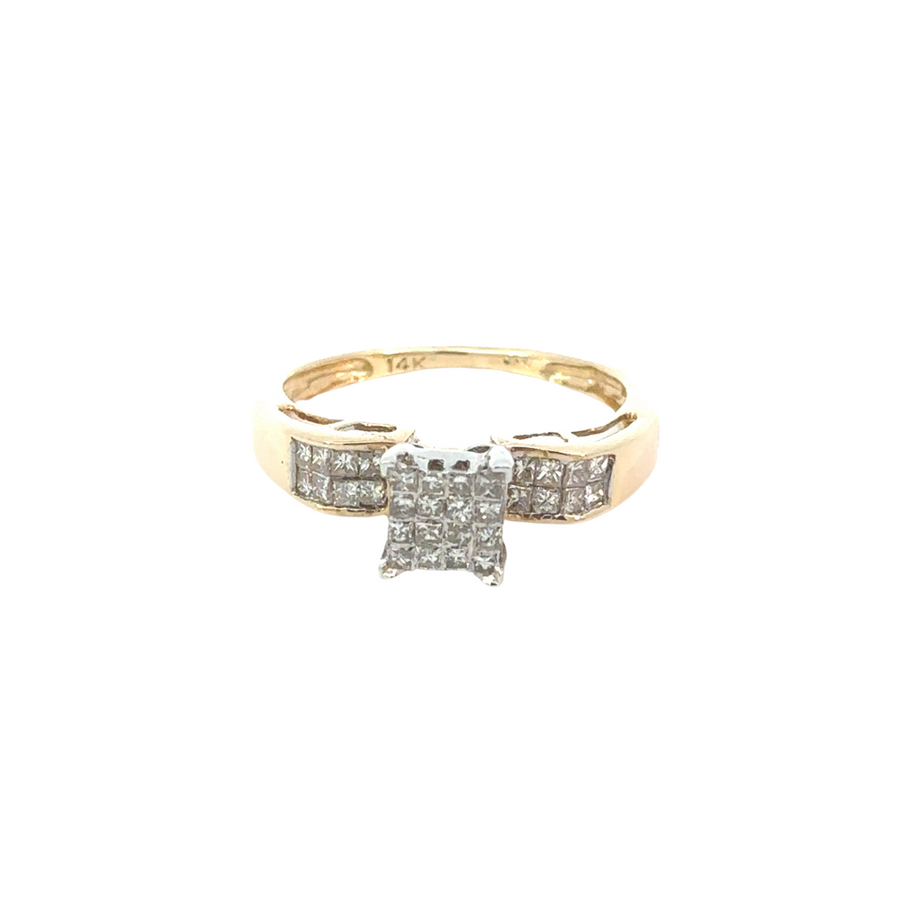 Woman wearing the 14k gold diamond ring, showcasing its elegance on the hand.