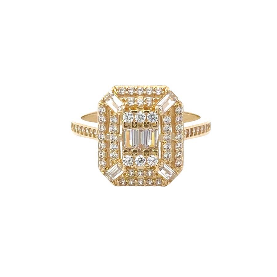 Close-up of 14k gold ring with sparkling cubic zirconia (CZ) accents, showcasing its elegant design.