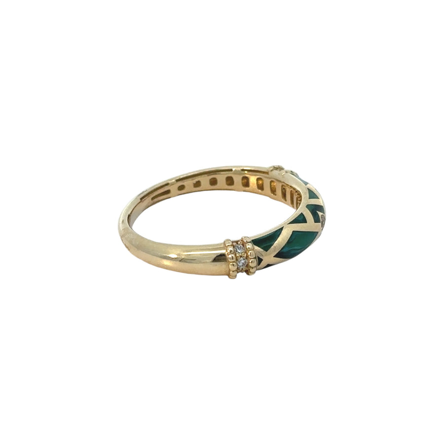 Size 8 gold ring featuring vibrant green enamel and clear CZ