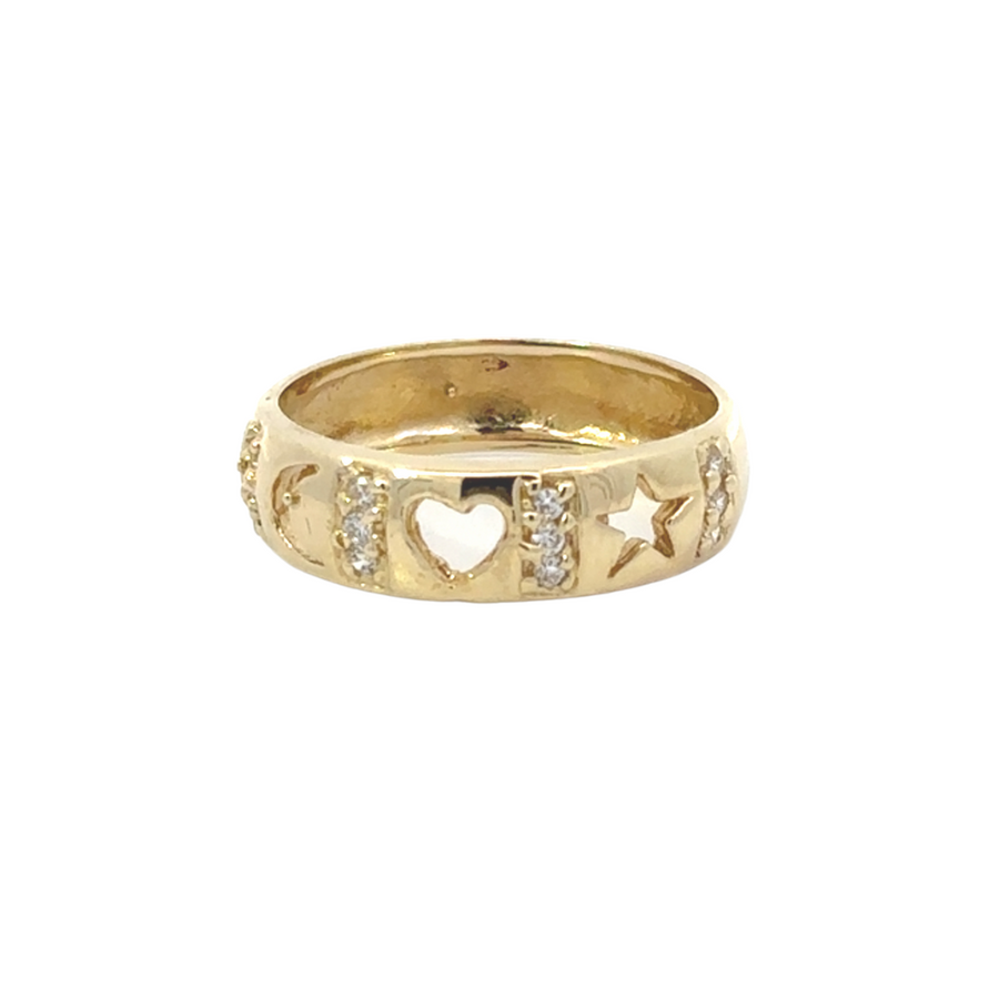 Close-up of 14k gold ring featuring star, heart, and moon symbols on white background