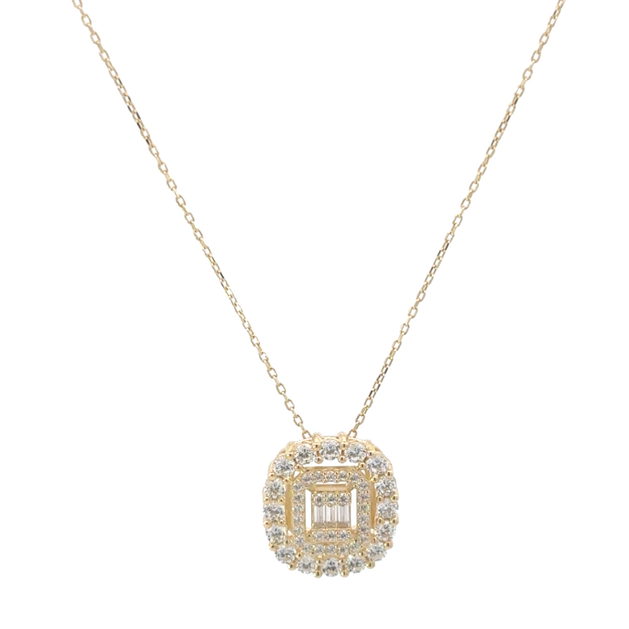 Close-up of the 14k gold adjustable necklace with square pendant design, adjustable from 18 to 19 inches