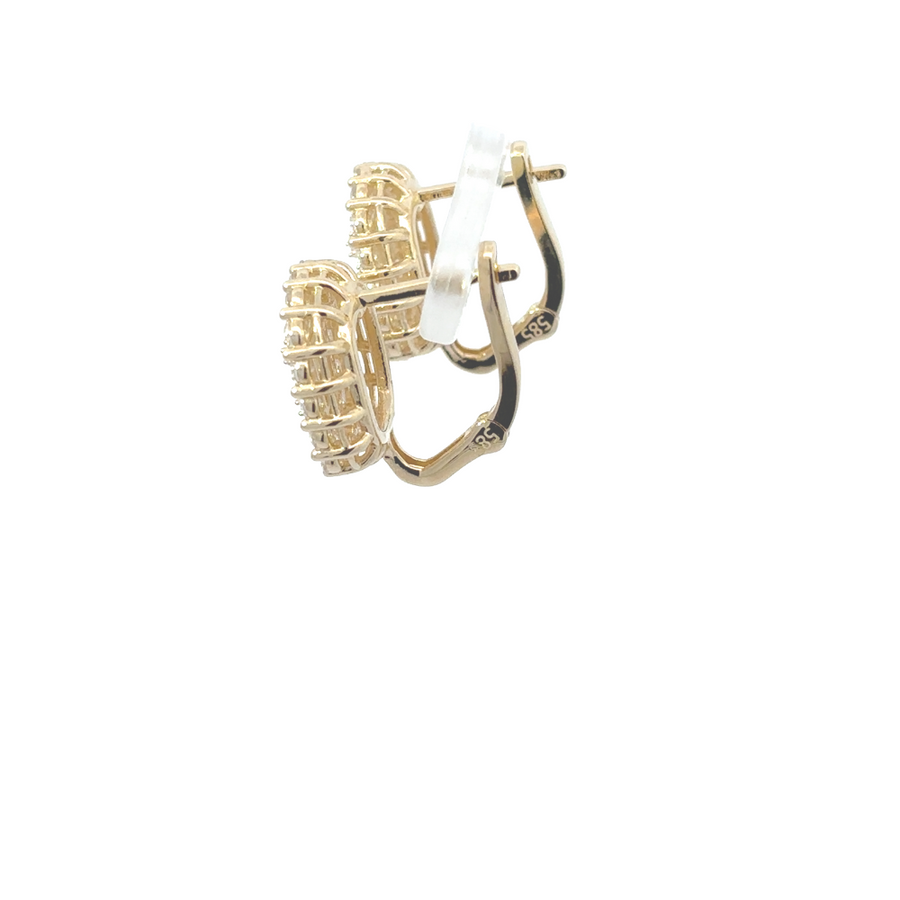 14k gold set displayed with matching earrings, necklace, and ring featuring square pendants