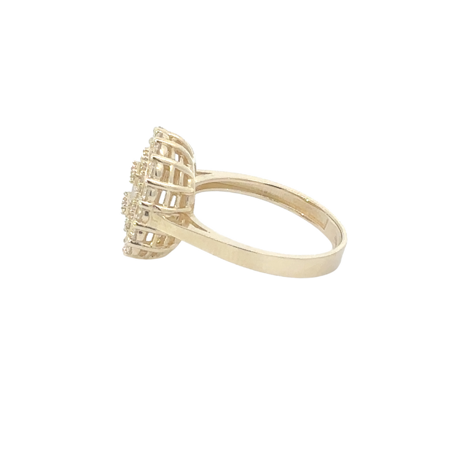The complete 14k gold set (ring, necklace, earrings) on display with the square pendant design