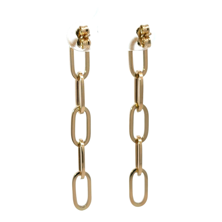 Small 5-link gold earrings displayed on white background