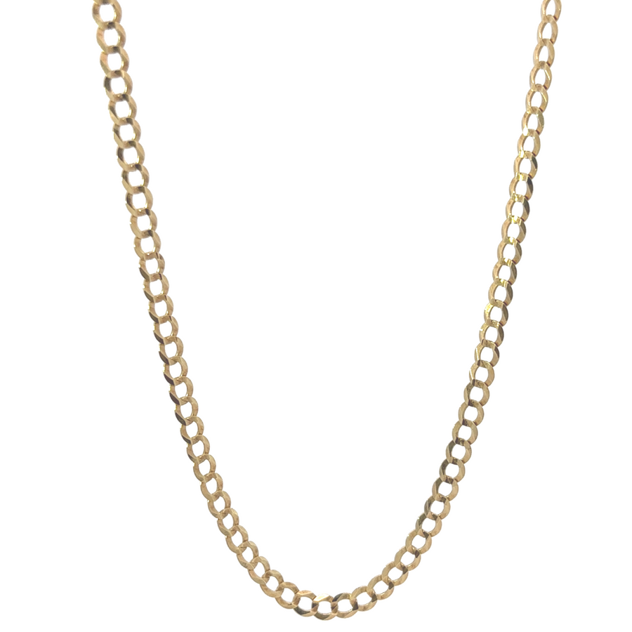 Close-up of 14k gold small Cuban link chain for men, showcasing tight interlocked links