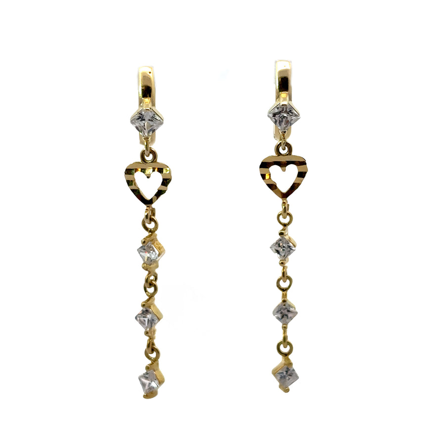 14k gold small huggie earrings with heart design and cubic zirconia