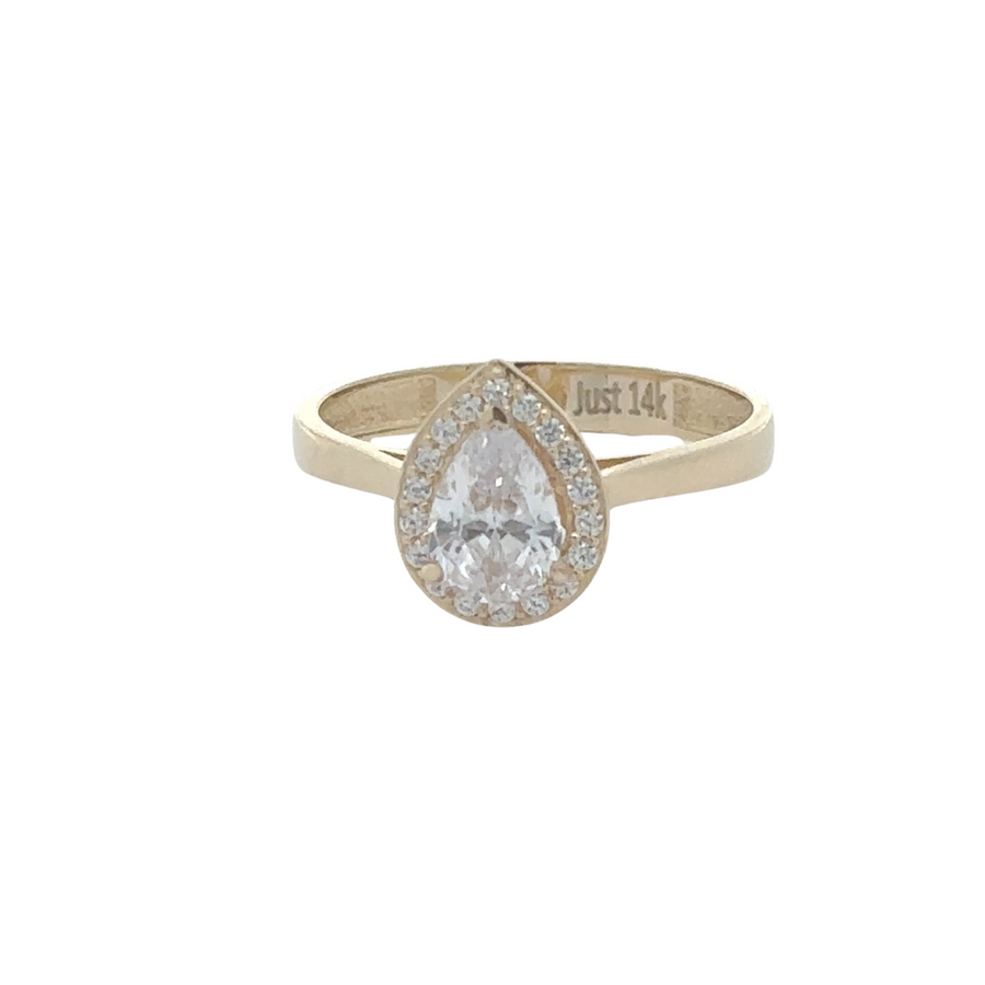 14k gold solitaire CZ drop ring with sparkling cubic zirconia