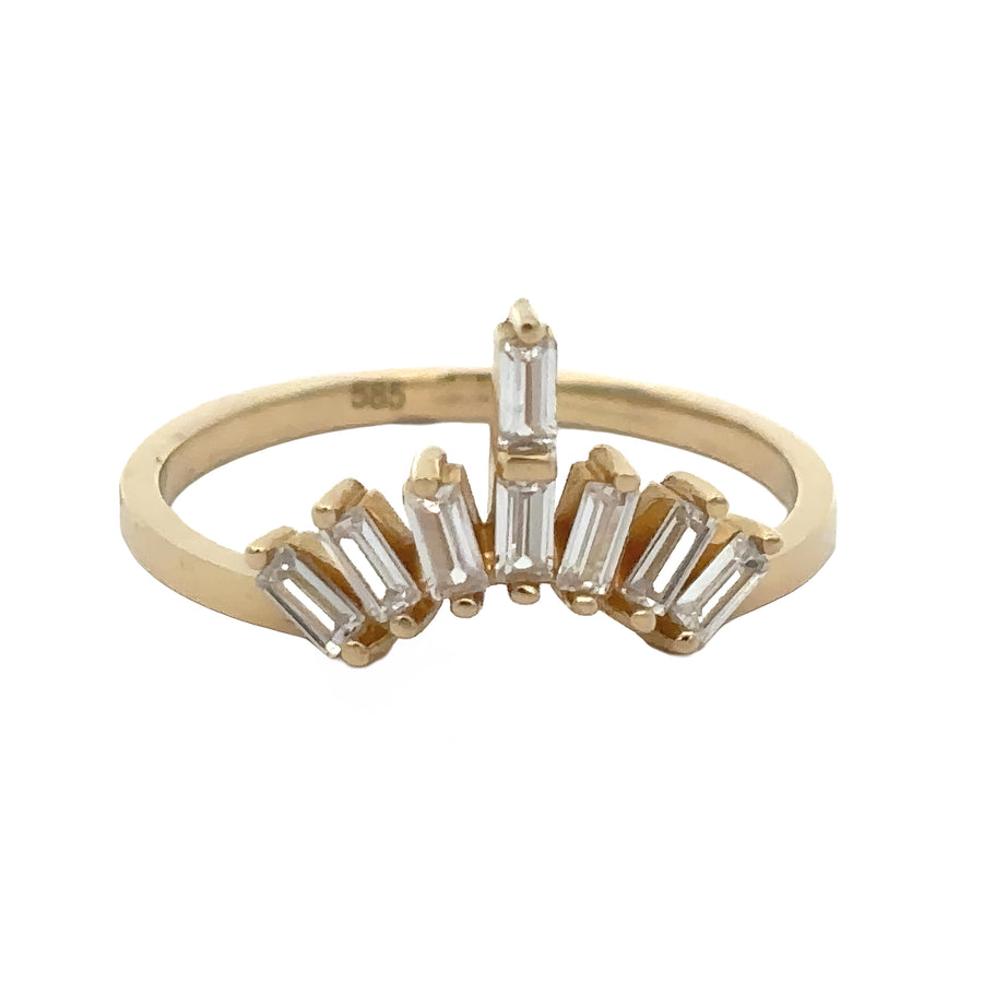Women’s size 6.5 gold solitaire ring on white background