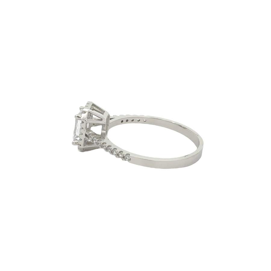 Close-up of solitaire CZ ring in 14k gold, size 7