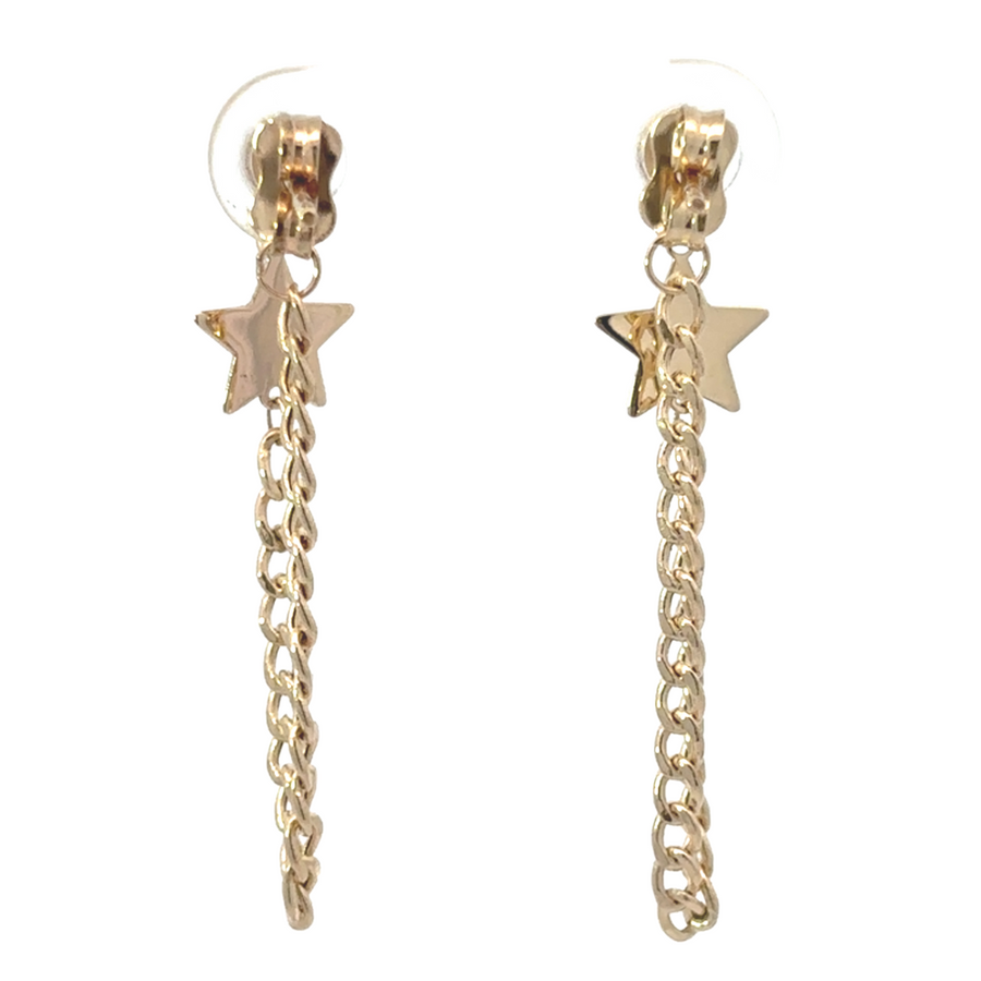 14k gold stud earrings with a dainty chain and playful star charm, offering a modern, feminine touch.