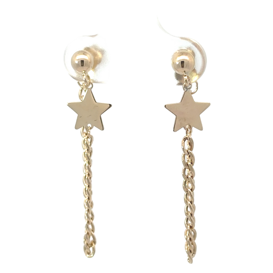 Close-up of 14k gold stud earrings with chain and star charm, showcasing their chic and playful design.
