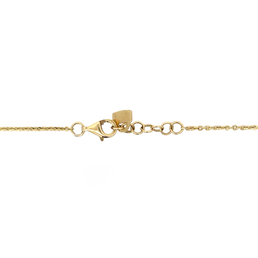 Woman wearing 14k gold white Tiffany-style necklace