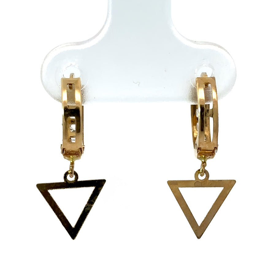 Side view of gold triangle studs for baby girls