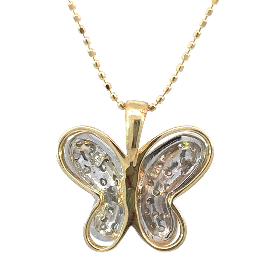 Butterfly pendant necklace with polished 14k gold and diamond accents