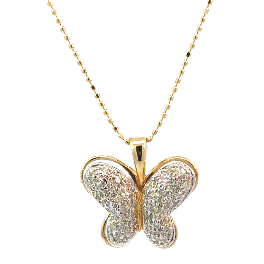 14k gold butterfly necklace with two-tone design and diamonds